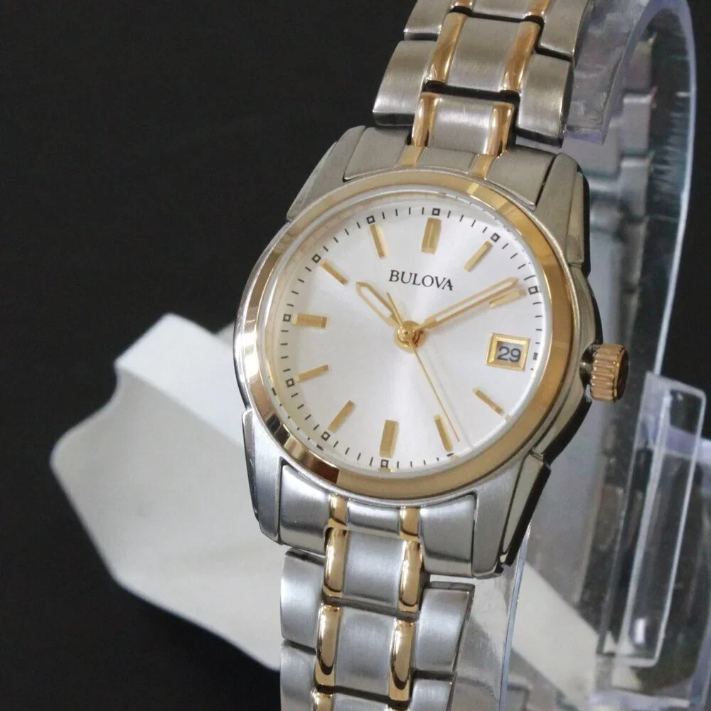 Bulova Women's Quartz Watch Two-Tone Case Silver Sunray Dial Date 26mm